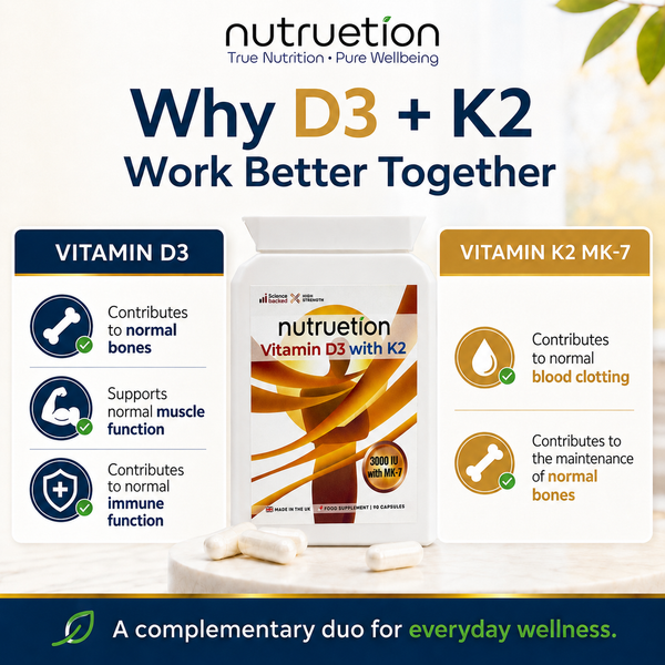 Nutruetion Vitamin D3 3000IU & K2 MK-7 | 90 Food Supplement Capsules | UK Made