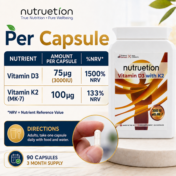 Nutruetion Vitamin D3 3000IU & K2 MK-7 | 90 Food Supplement Capsules | UK Made
