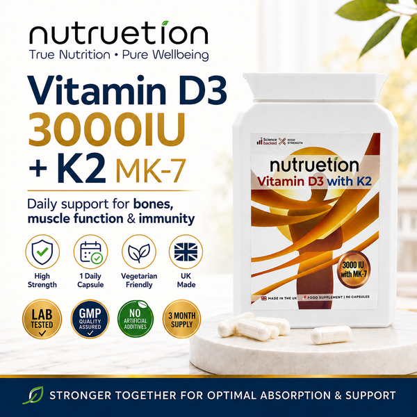 Nutruetion Vitamin D3 3000IU & K2 MK-7 | 90 Food Supplement Capsules | UK Made