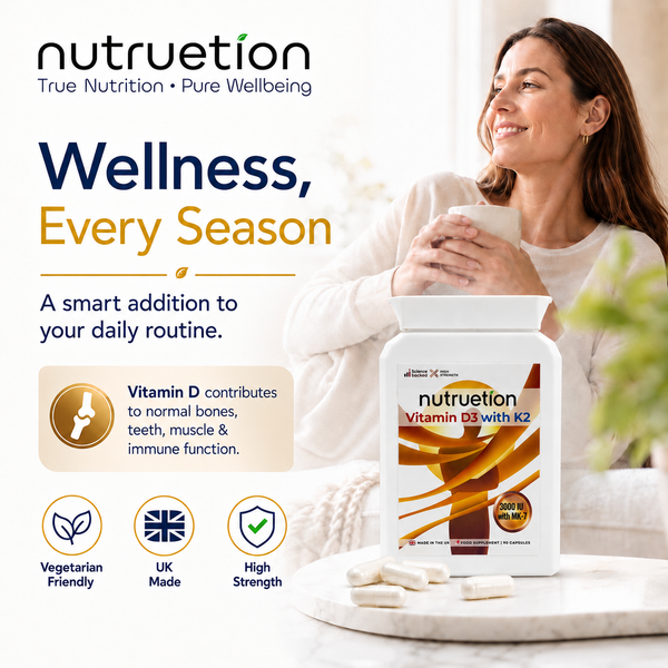 Nutruetion Vitamin D3 3000IU & K2 MK-7 | 90 Food Supplement Capsules | UK Made