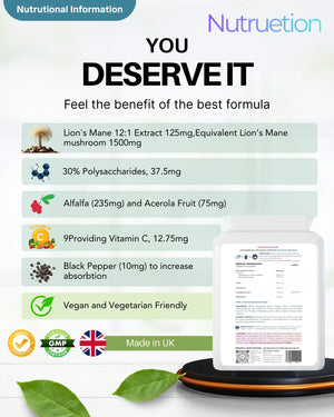 Lion’s Mane Gold Mushroom Extract Complex with Acerola Cherry (Natural Vitamin C) & Black Pepper