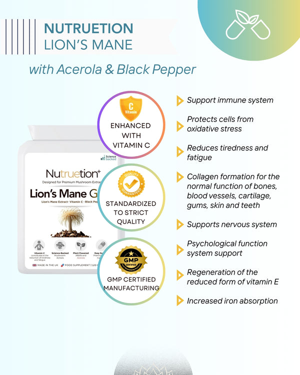 Lion’s Mane Gold Mushroom Extract Complex with Acerola Cherry (Natural Vitamin C) & Black Pepper