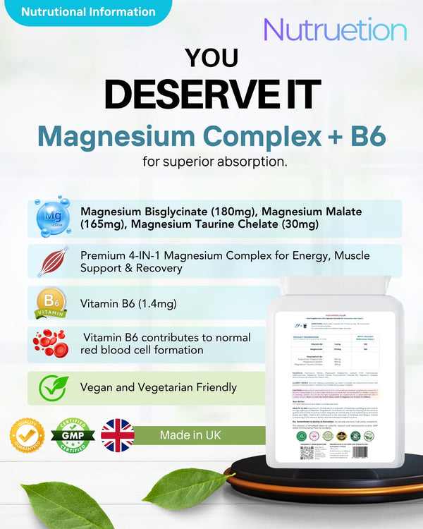 Nutruetion Magnesium Bisglycinate Complex 4-in-1 | High Strength Formula with Malate, Taurate & Vitamin B6 | 120 Vegan Capsules | UK Made