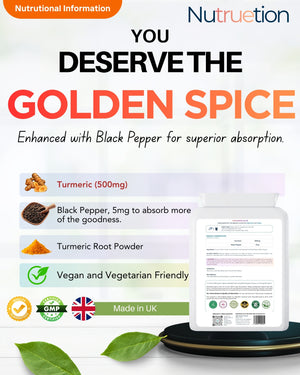 Nutruetion Turmeric & Black Pepper Capsules | High Strength 500mg with Piperine for Absorption | 120 Vegan Capsules