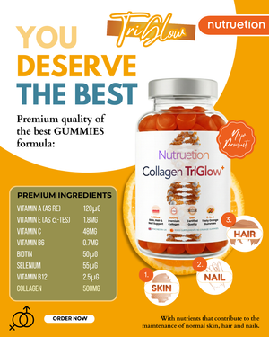 Nutruetion TriGlow+ Collagen Gummies | 8-in-1 Beauty Complex with Biotin, Selenium & Vitamin C | Skin, Hair & Nails Support | 90 Gummies | UK Made