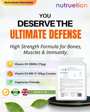 Vitamin D3 3000IU (75µg) & K2 MK-7 (100µg) | 90 Food Supplement Capsules | Made in UK (BRCGS AA Grade)