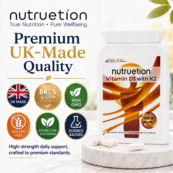 Nutruetion Vitamin D3 3000IU & K2 MK-7 | 90 Food Supplement Capsules | UK Made