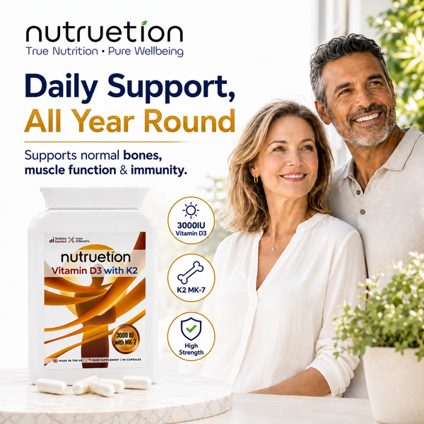 Nutruetion Vitamin D3 3000IU & K2 MK-7 | 90 Food Supplement Capsules | UK Made