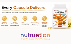 Nutruetion Vitamin D3 3000IU & K2 MK-7 | 90 Food Supplement Capsules | UK Made