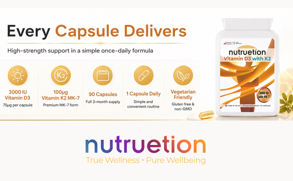 Nutruetion Vitamin D3 3000IU & K2 MK-7 | 90 Food Supplement Capsules | UK Made