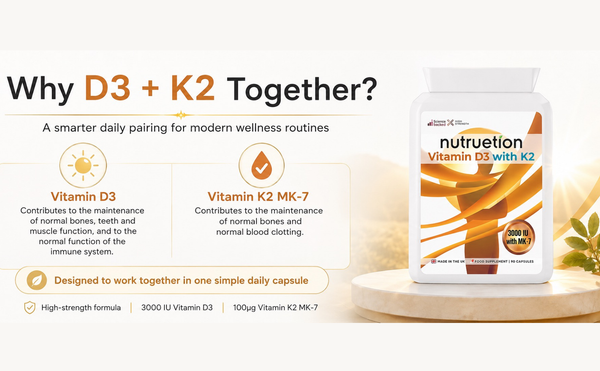 Nutruetion Vitamin D3 3000IU & K2 MK-7 | 90 Food Supplement Capsules | UK Made