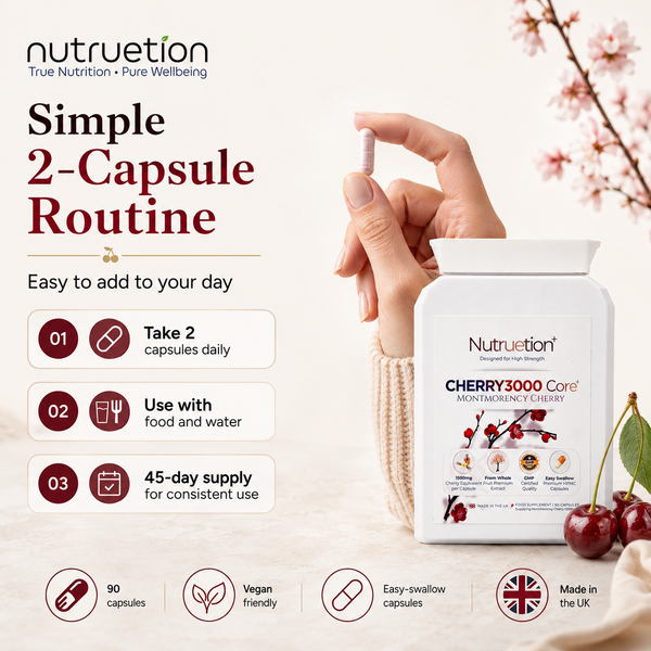 Nutruetion Montmorency Cherry 3000 Core+ | High Strength 3000mg Serving | 10:1 Fruit Extract | 90 Vegan Capsules