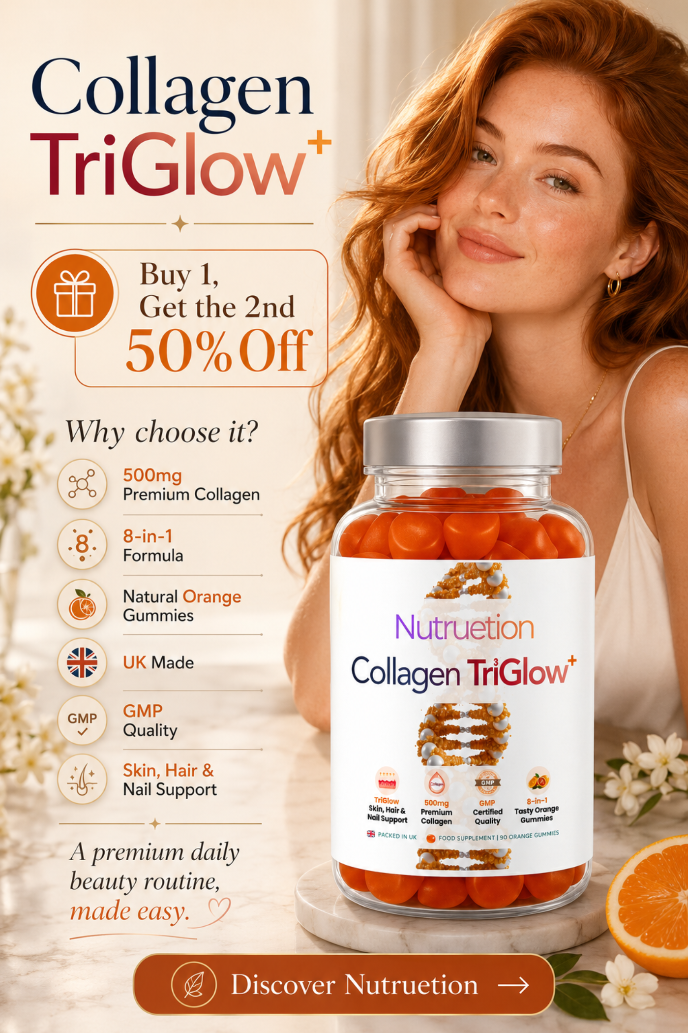Collagen supplement bottle with promotional text and a woman in the background