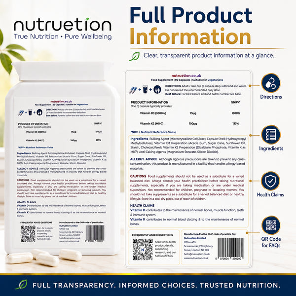 Nutruetion Vitamin D3 3000IU & K2 MK-7 | 90 Food Supplement Capsules | UK Made