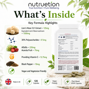 Nutruetion Lion's Mane Mushroom Complex | High Strength Extract 1500mg | Black Pepper & Vitamin C