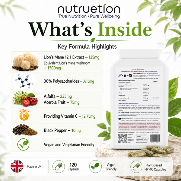 Nutruetion Lion's Mane Mushroom Complex | High Strength Extract 1500mg | Black Pepper & Vitamin C