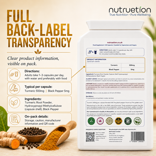 Nutruetion Turmeric & Black Pepper Capsules | High Strength 500mg with Piperine for Absorption | 120 Vegan Capsules